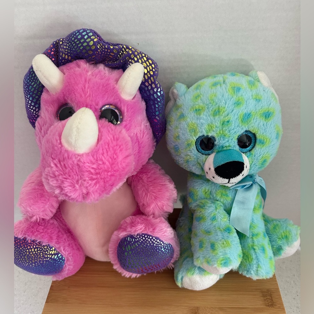 Pink Triceratops Dinosaur Plush & Green/ Blue Plush Leopard. Stuffed Animal Toys